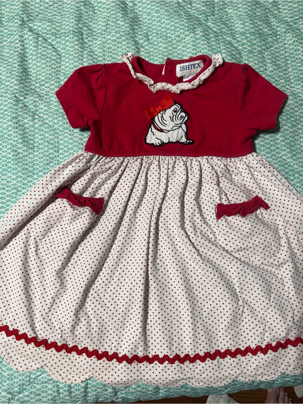 Ishtex Red & White Polka Dot Georgia Bulldogs Girls Dress 2T